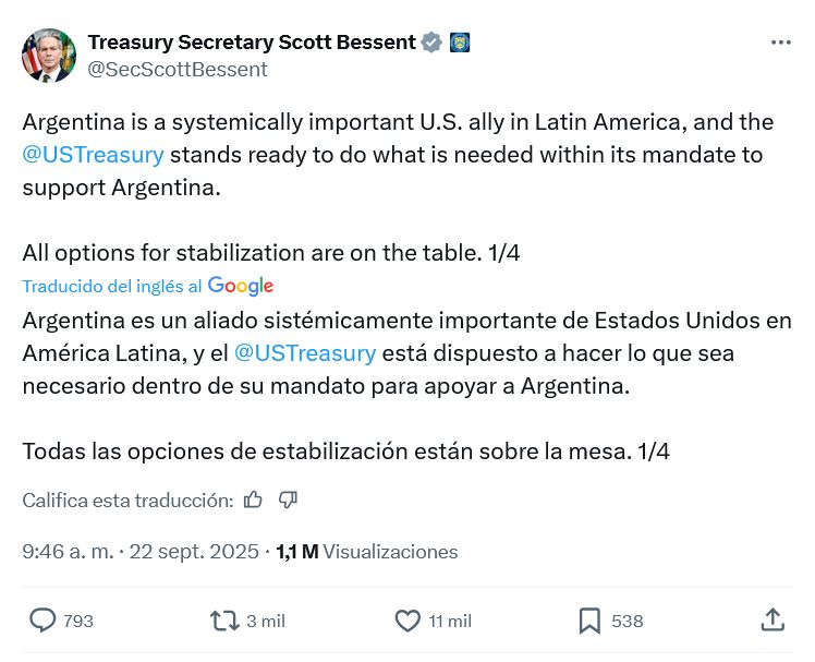 Bessent apoyó al Gobierno de Argentina en X