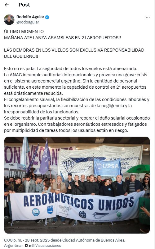 Posteo de Rodolfo Aguiar anunciando asambleas