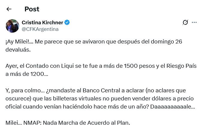 Cristina Kirchner vaticina una devaluación en un posteo en X