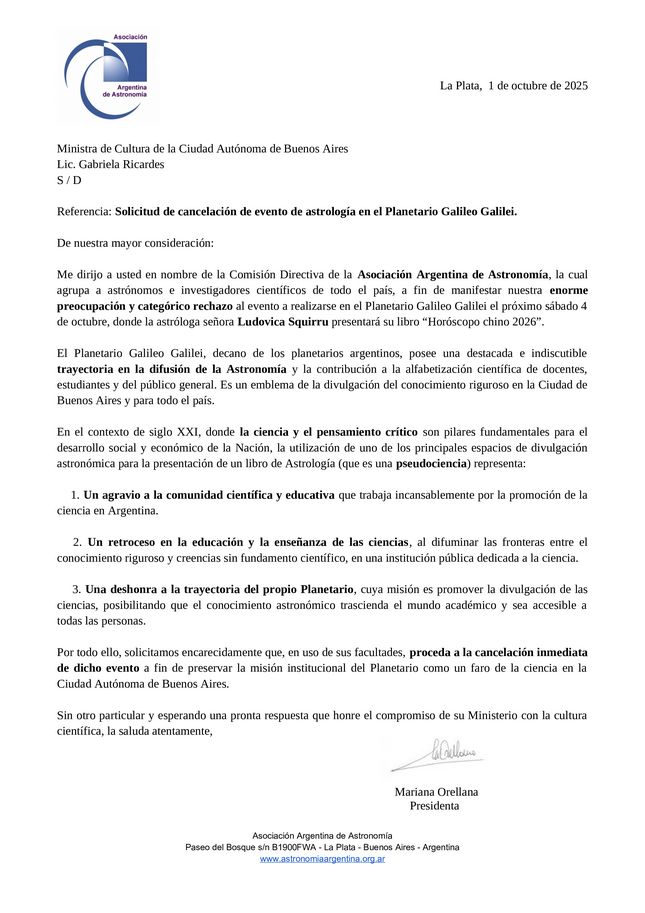 Comunicado de la Asociación Argentina de Astronomía
