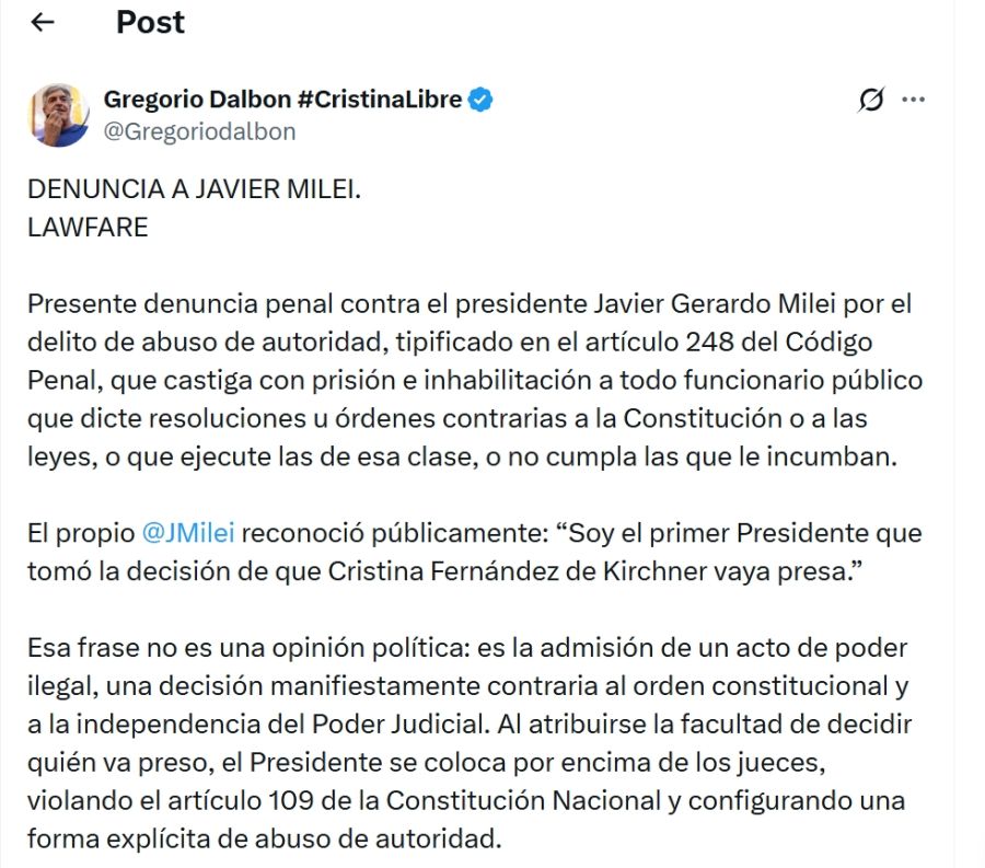 Denuncia de Dalbón a Milei en X