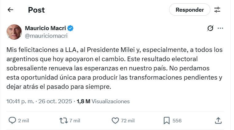 Felicitación de Macri a Milei