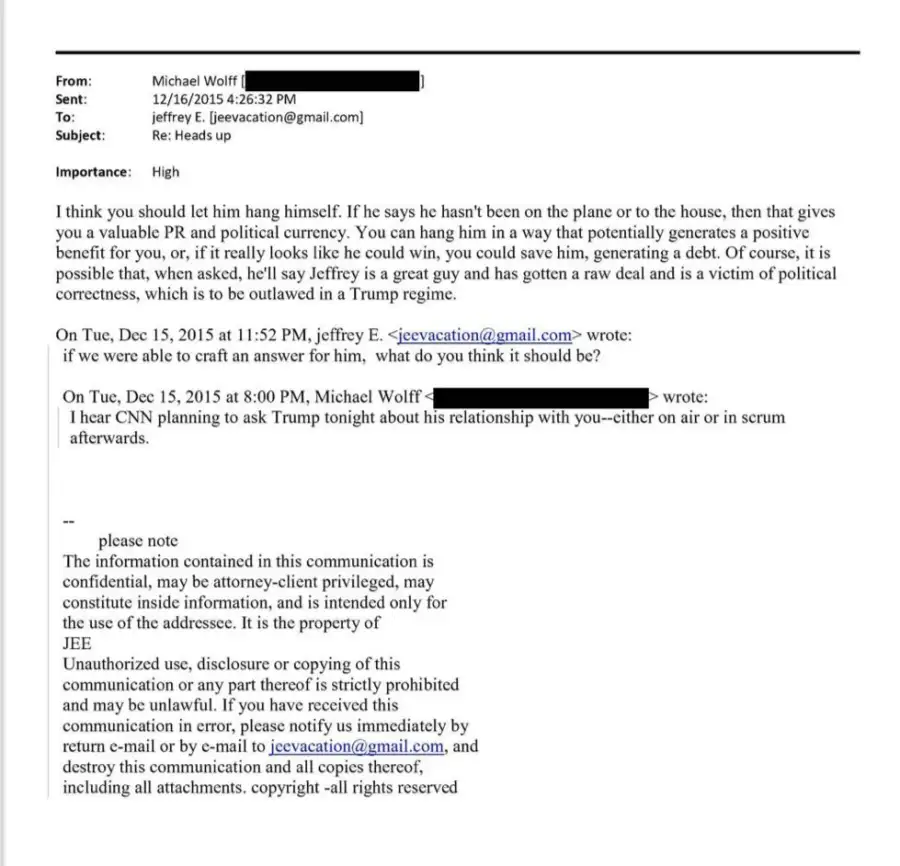 Conversation between journalists Michael Wolff and Jeffrey Epstein