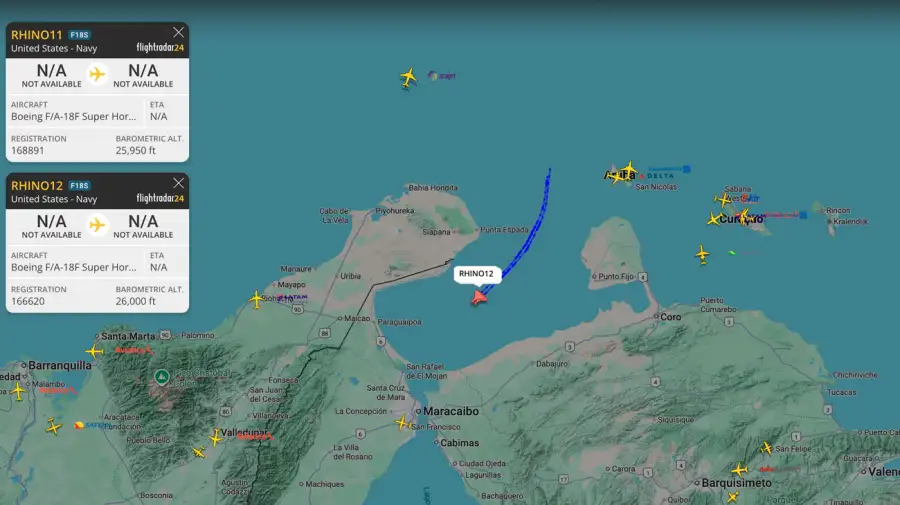 Mapa del vuelo de los cazas estadounidense en el espacio aéreo venezolano