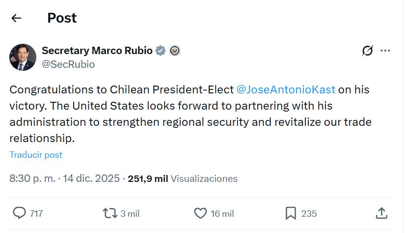 Marco Rubio felicita a Kast
