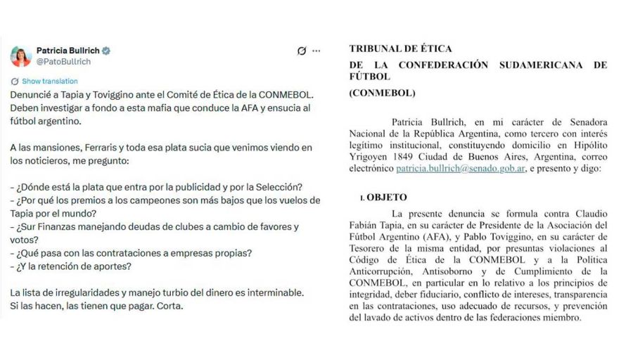 Tuit Patricia Bullrich sobre AFA