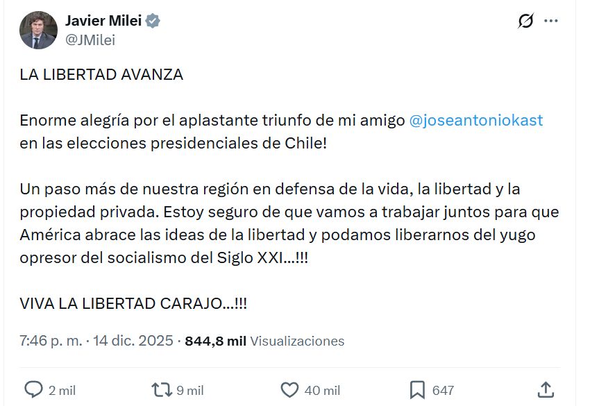 Milei felicita a Kast