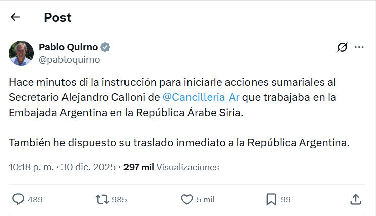 Tuit del canciller Pablo Quirno sobre el cónsul Alejandro Calloni