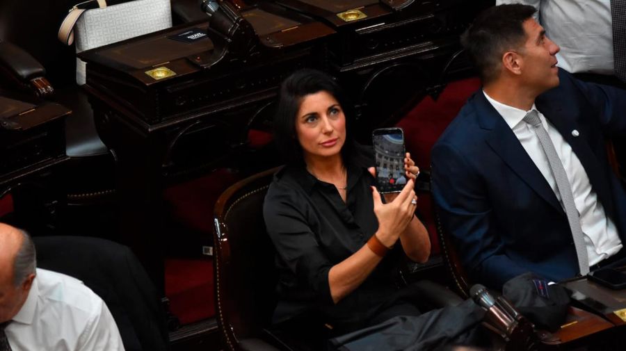 La diputada por La Libertad Avanza Juliana Santillán muestra su celular.