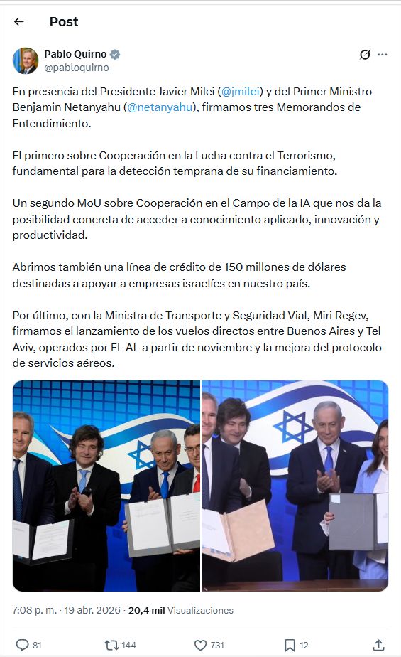 Posteo del canciller Quirno en X sobre los memorandos firmados con Israel