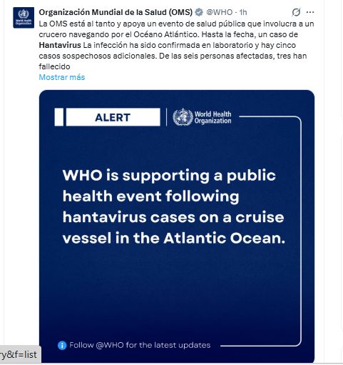 Post en X de la OMS acerca del brote de hantavirus en un crucero
