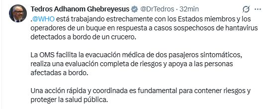 Post en X de Tedros Adhanom Ghebreyesus, director general de la OMS