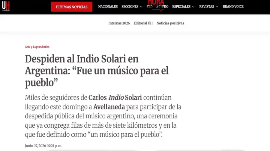 Portada del medio paraguayo Última hora sobre la muerte de Solari