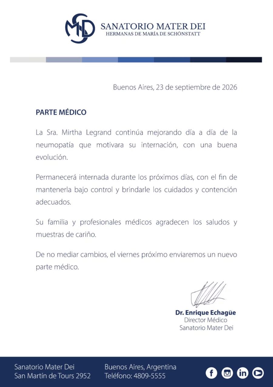Parte medico del Sanatorio Mater Dei sobre Mirtha Legrand