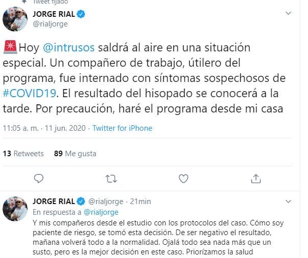 Jorge Rial anunció que un utilero de Intrusos fue internado con síntomas de COVID