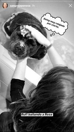 Rufina Cabré bañando a su perra Rosa