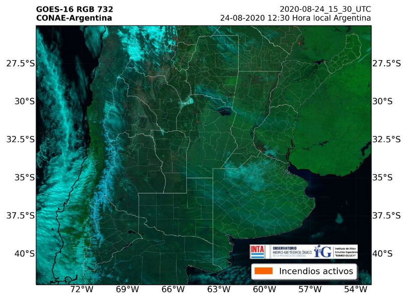Imagen satelital de los incendios en Argentina.