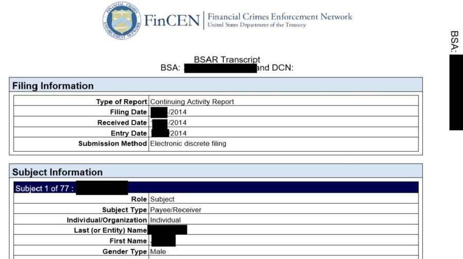 Ejemplo de la carátula de un reporte de operación sospechosa. Fuente: FinCEN Files.