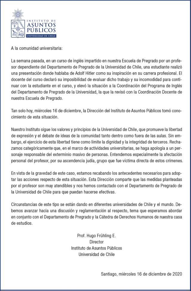Declaración de la Universidad chilena sobre el caso la alumna filonazi