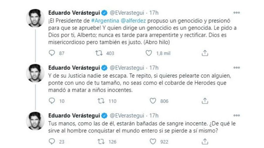 Eduardo Verastegui contra Alberto Fernández por el aborto