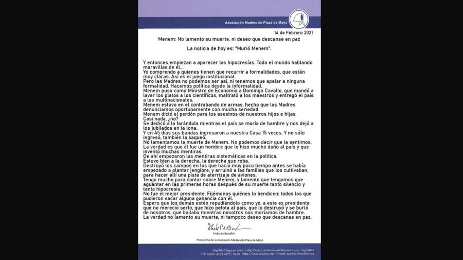 Carta de Hebe de Bonafini sobre la muerte de Menem