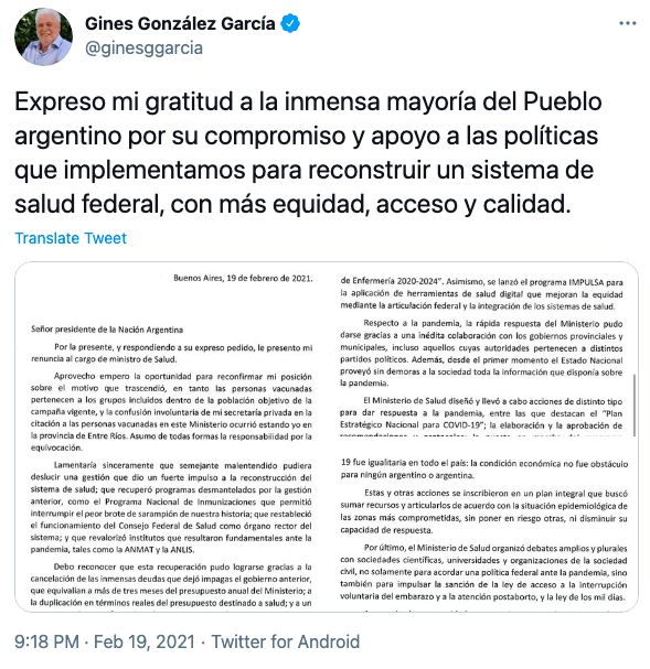 Tweet del ex ministro Ginés González García.
