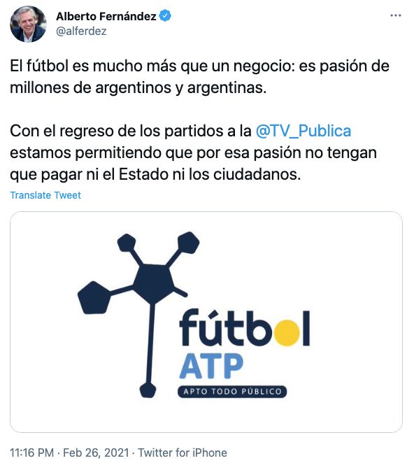 Tweet de Alberto Fernández sobre el regreso de Fútbol para Todos.
