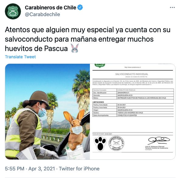 Carabineros de Chile otorgó un salvoconducto al Conejo de Pascua.