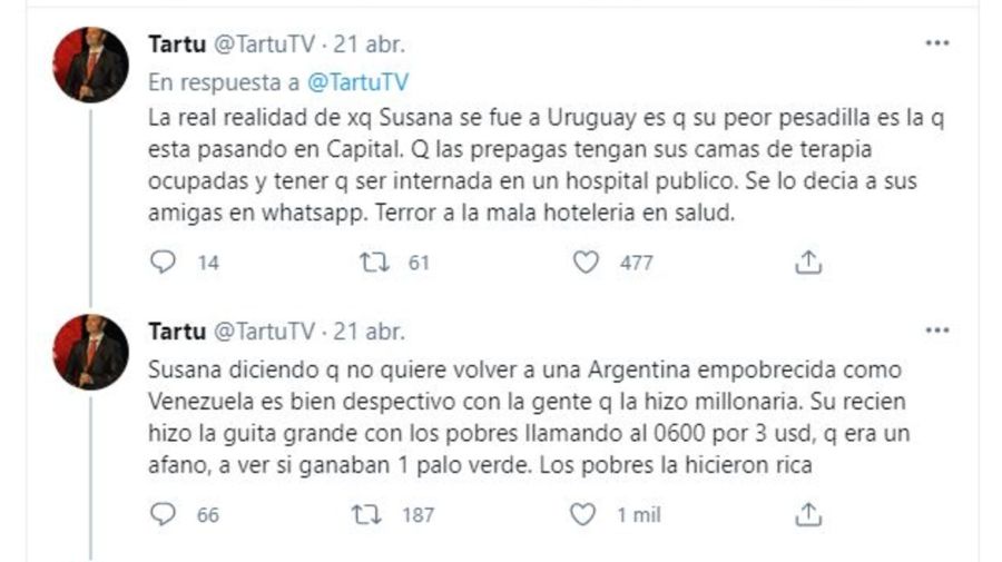 Tartu contra Susana Gimenez por Argenzuela