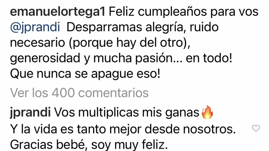 El apasionado mensaje de Emanuel Ortega a Julieta Prandi por su cumpleaños