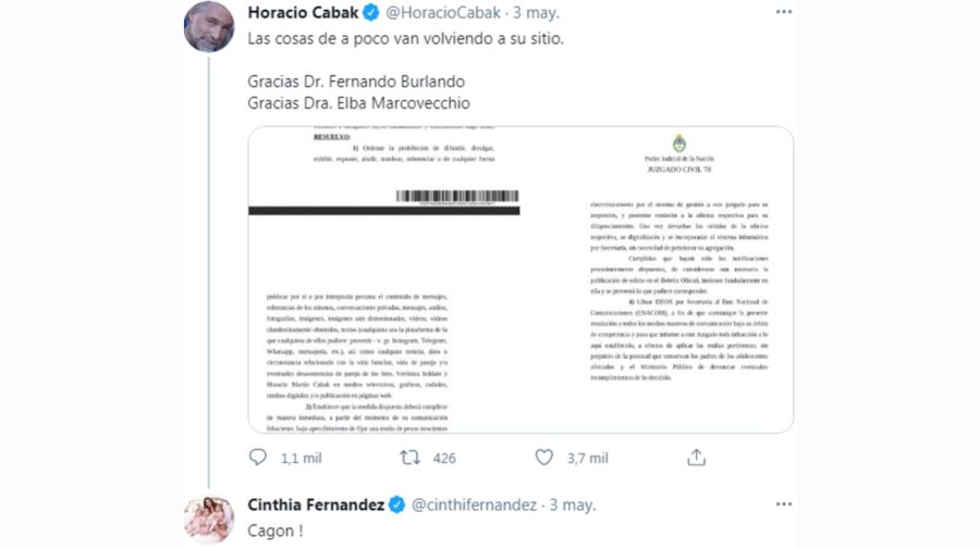 Cinthia Fernández contra Horacio Cabak tuit 0605