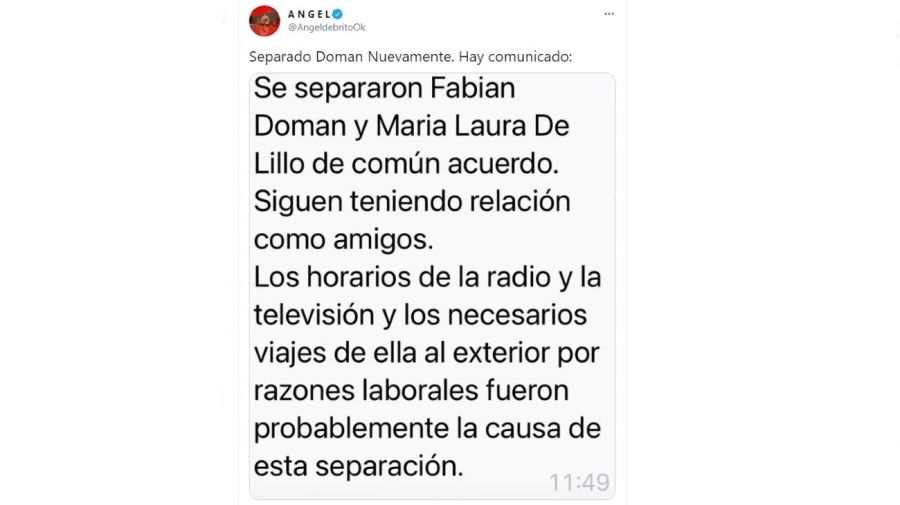 Comunicado separacion Fabian Doman y Maria de Lillo