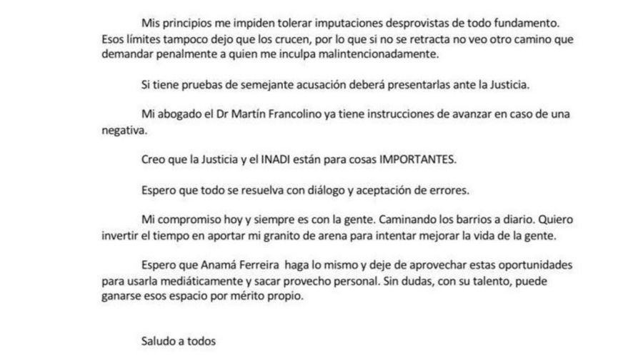 Diego Brancatelli respuesta a Anama Ferreria