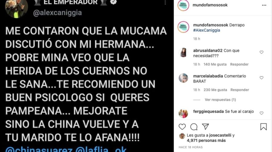 Alex Caniggia ofendió a Pampita con un escandaloso tweet y Mariana Nannis se sumó a la polémica 