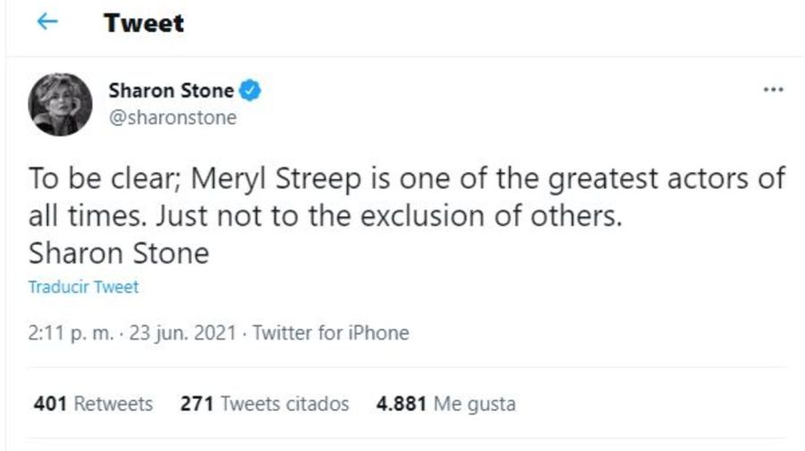 Tuit Sharon Stone sobre Meryl Streep