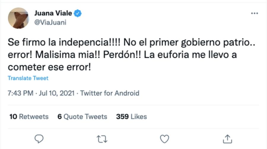 Juana Viale pidió disculpas en Twitter tras su error sobre la fecha patria