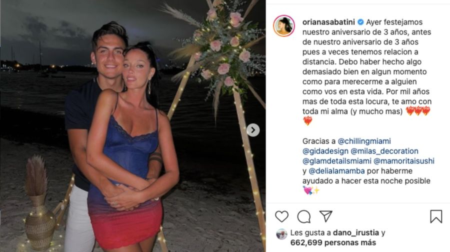 Oriana Sabatini y Paulo Dybala celebraron su tercer aniversario en una romántica cena en Miami 
