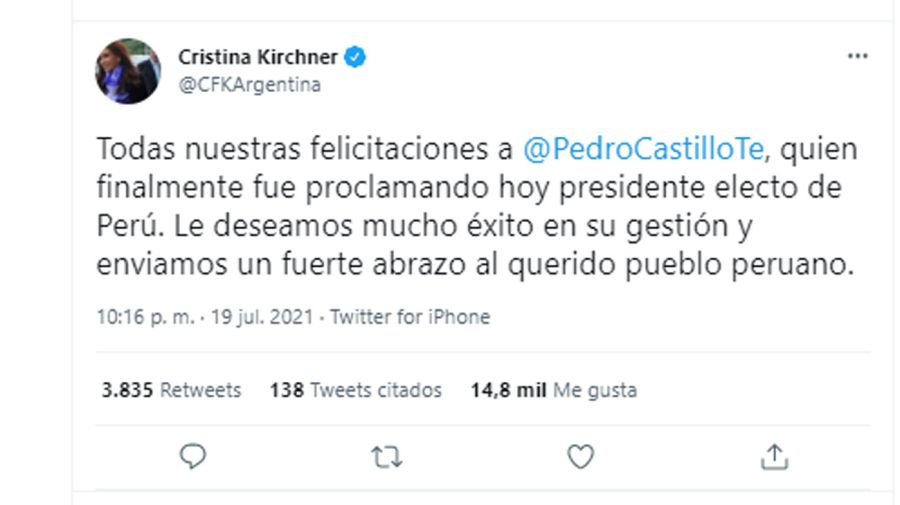 Tweet de Cristina Kirchner 20210720