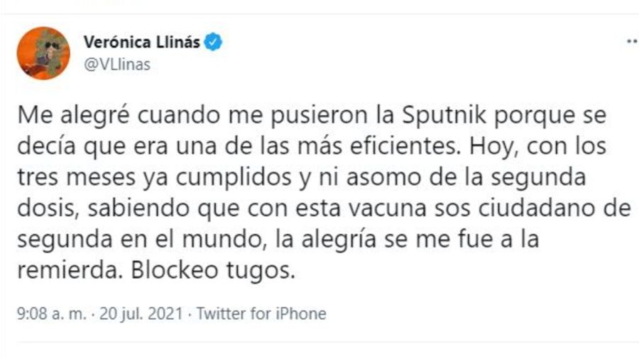 Veronica Llinas indignada por falta segunda dosis sputnik