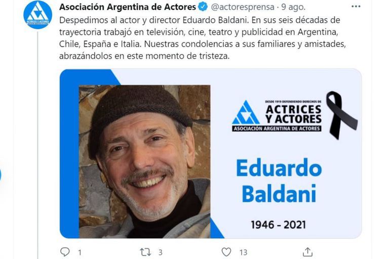 Murió el actor Eduardo Baldani, quien trabajo con Natalia Oreiro y Facundo Arana