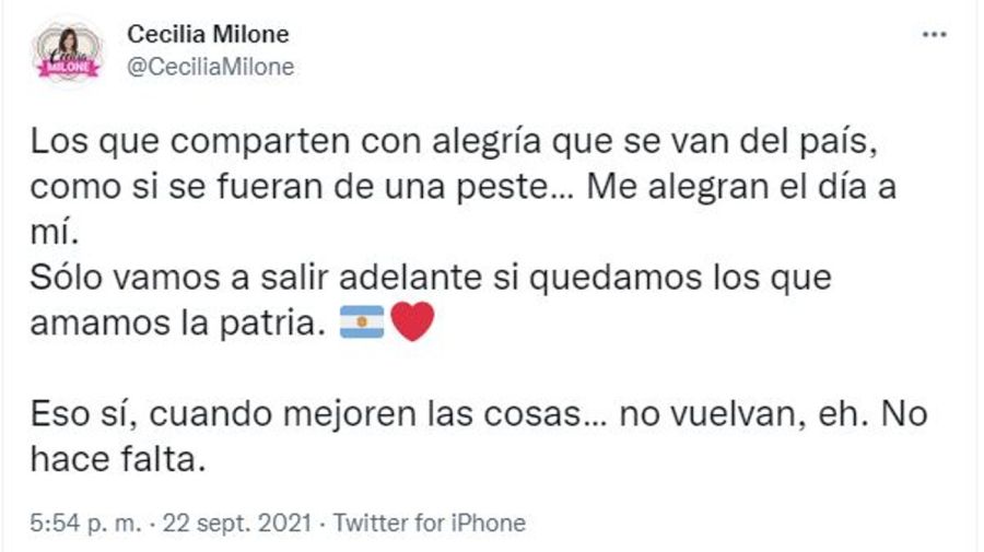 Cecilia Milone contra quienes se van del pais