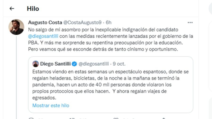 Augusto Costa cruzó Diego Santilli por criticar los viajes para alumnos bonaerenses