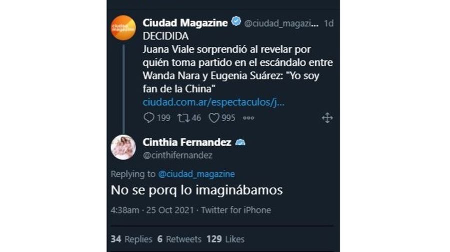 Tuit Cinthia Fernandez contra Juana Viale