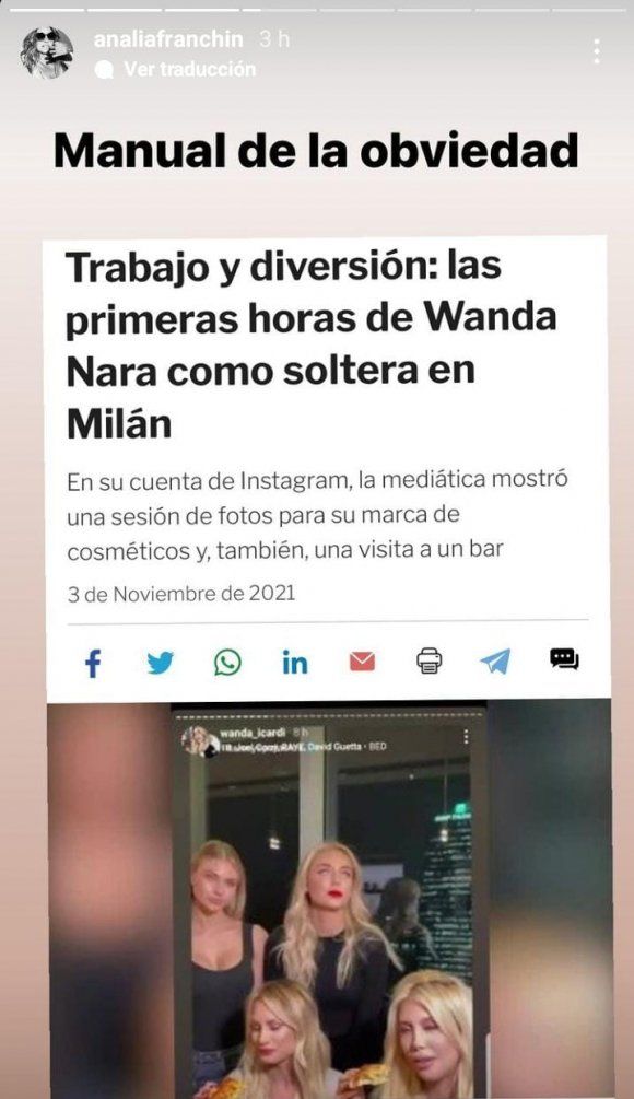 Picantísima opinión de Analía Franchín sobre la vida de soltera de Wanda Nara en Milán