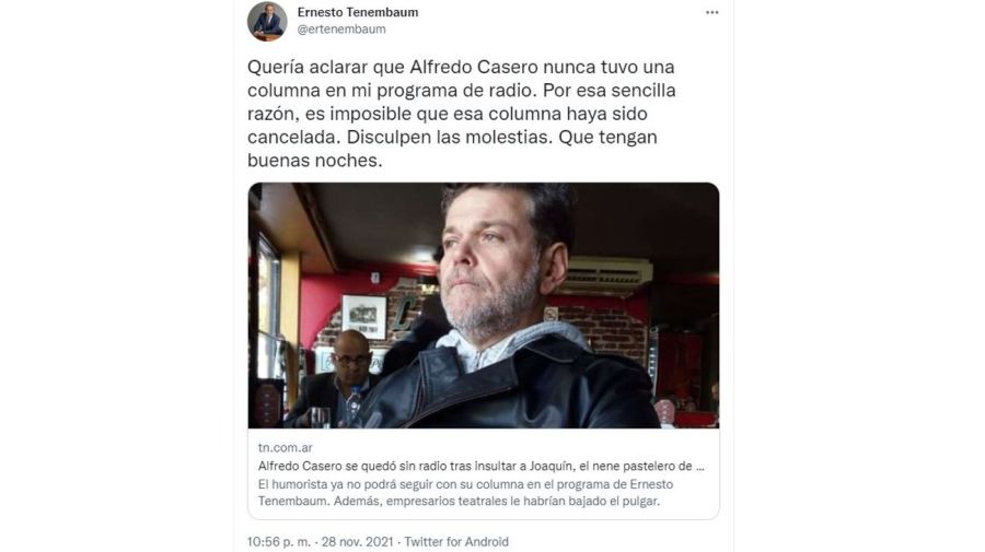 Ernesto Tenembaum mensaje rumor Alfredo Casero