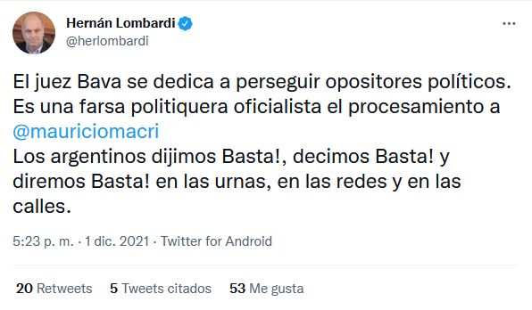 Tweet de Hernán Lombardi