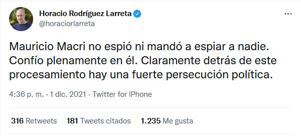 Tweet de Horacio Rodríguez Larreta