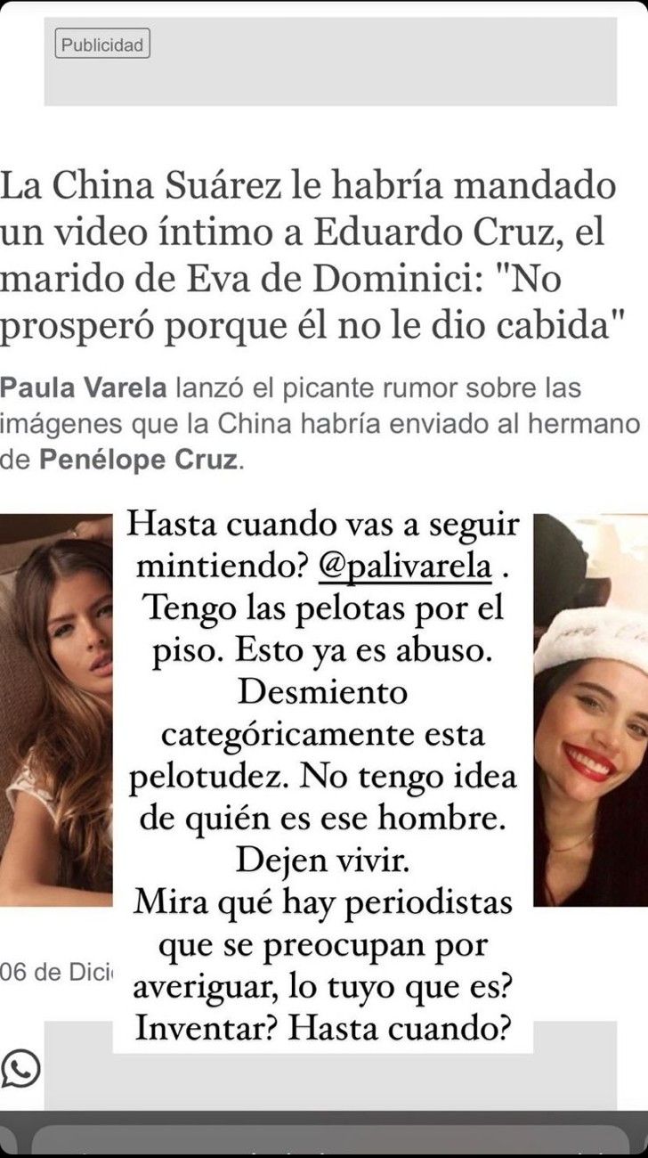 La China Suárez furiosa con Paula Vaela tras vincularla con el marido de Eva de Dominici