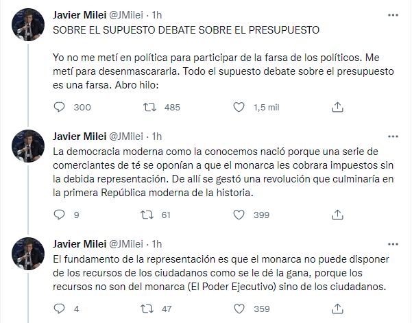 Tweet de Javier Milei sobre su ausencia en Diputados