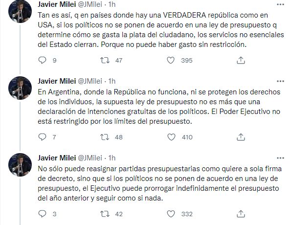 Tweet de Javier Milei sobre su ausencia en Diputados 2
